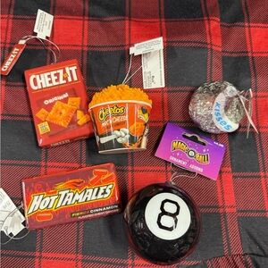 5 Food Christmas Ornaments Cheeto Hot Tamales Hersey Kiss Magical 8 Ball Cheezit